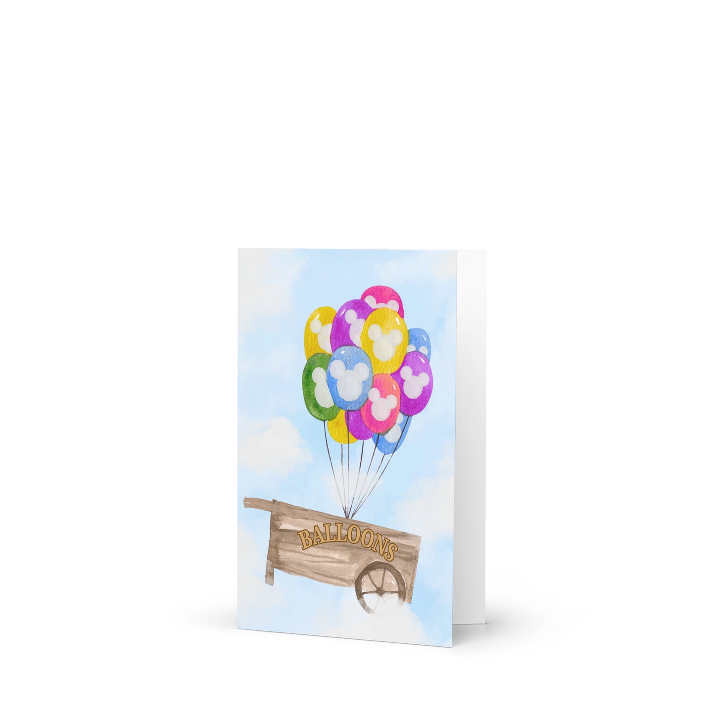 Greeting card with colorful balloons and a wooden sign on a white background