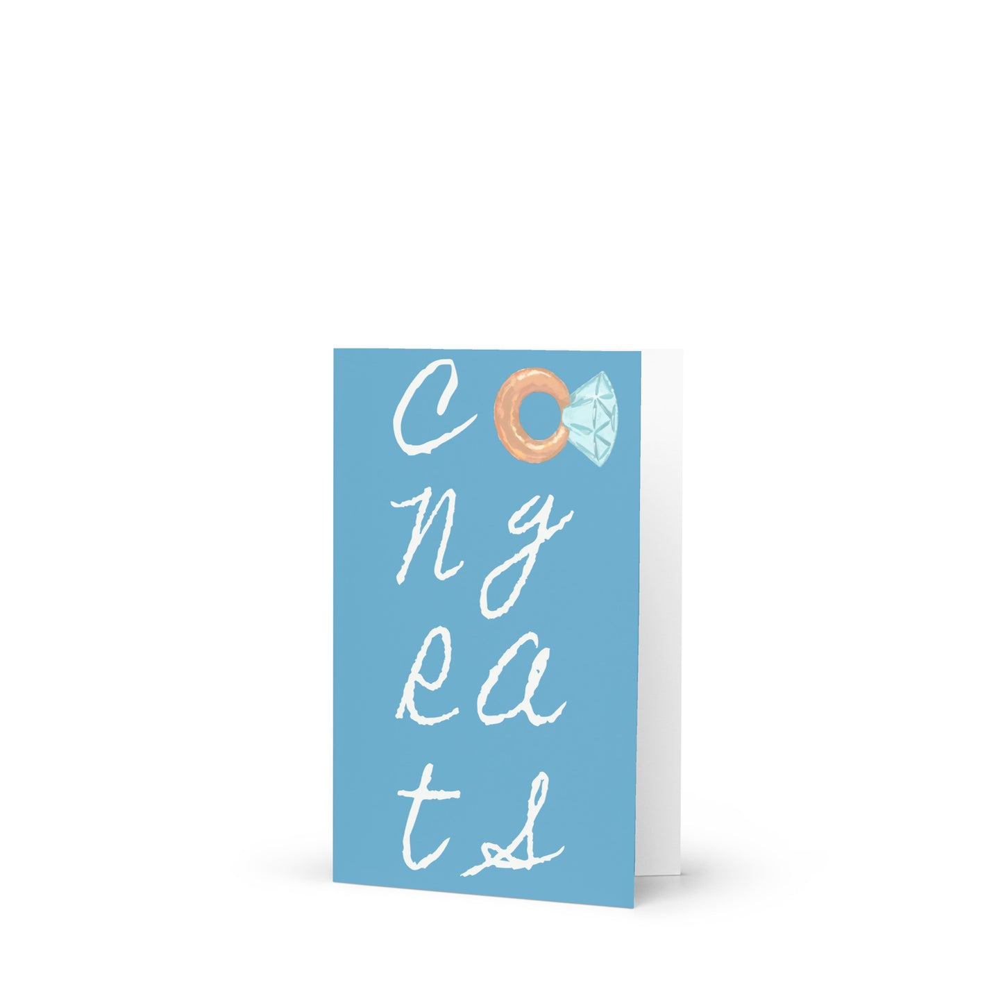 Blue greeting card with white text and decorative elements on a white background