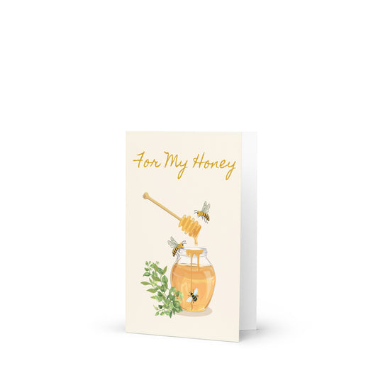 Greeting card with honey jar and honeycomb illustration on a white background