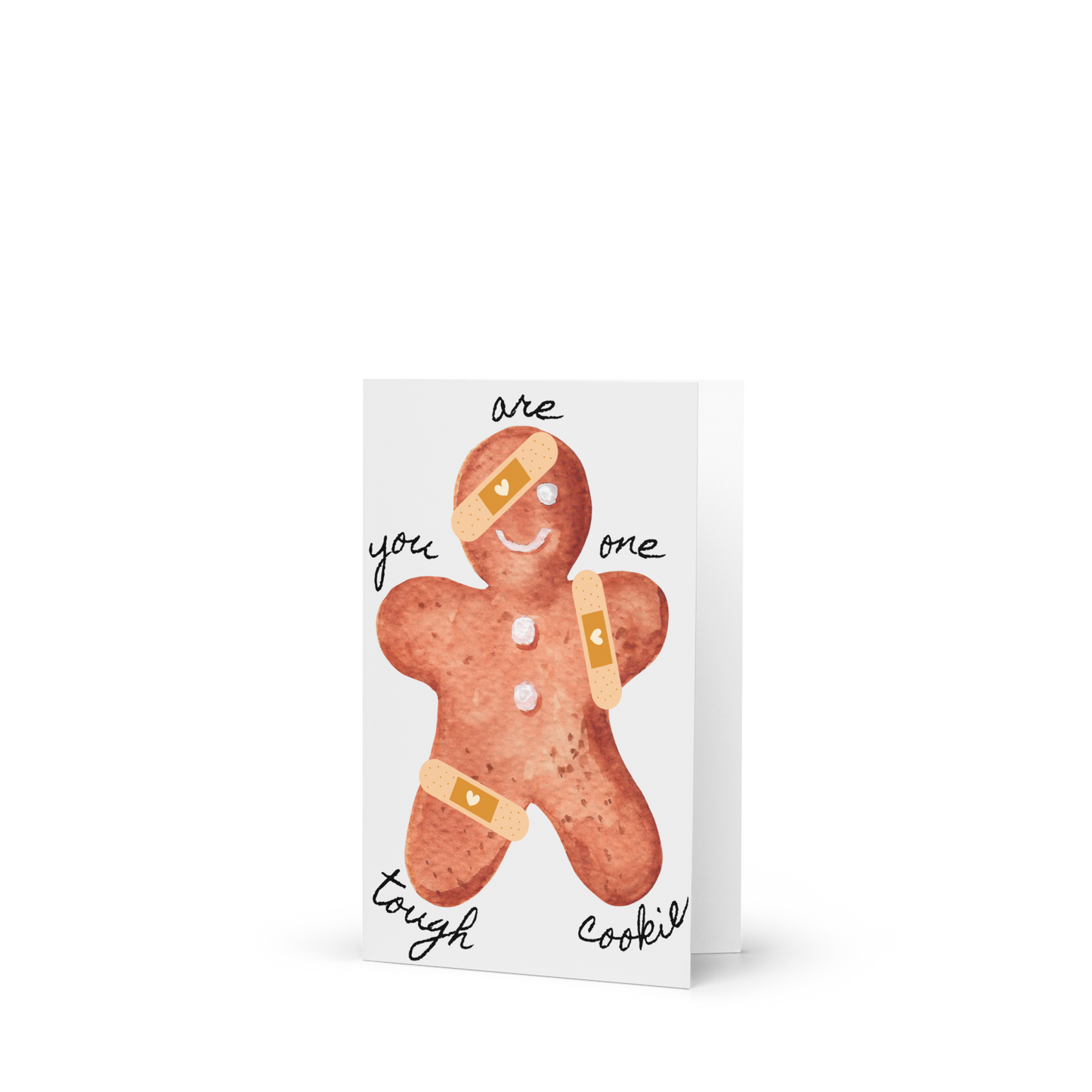 Greeting card with a gingerbread man illustration and text on a white background
