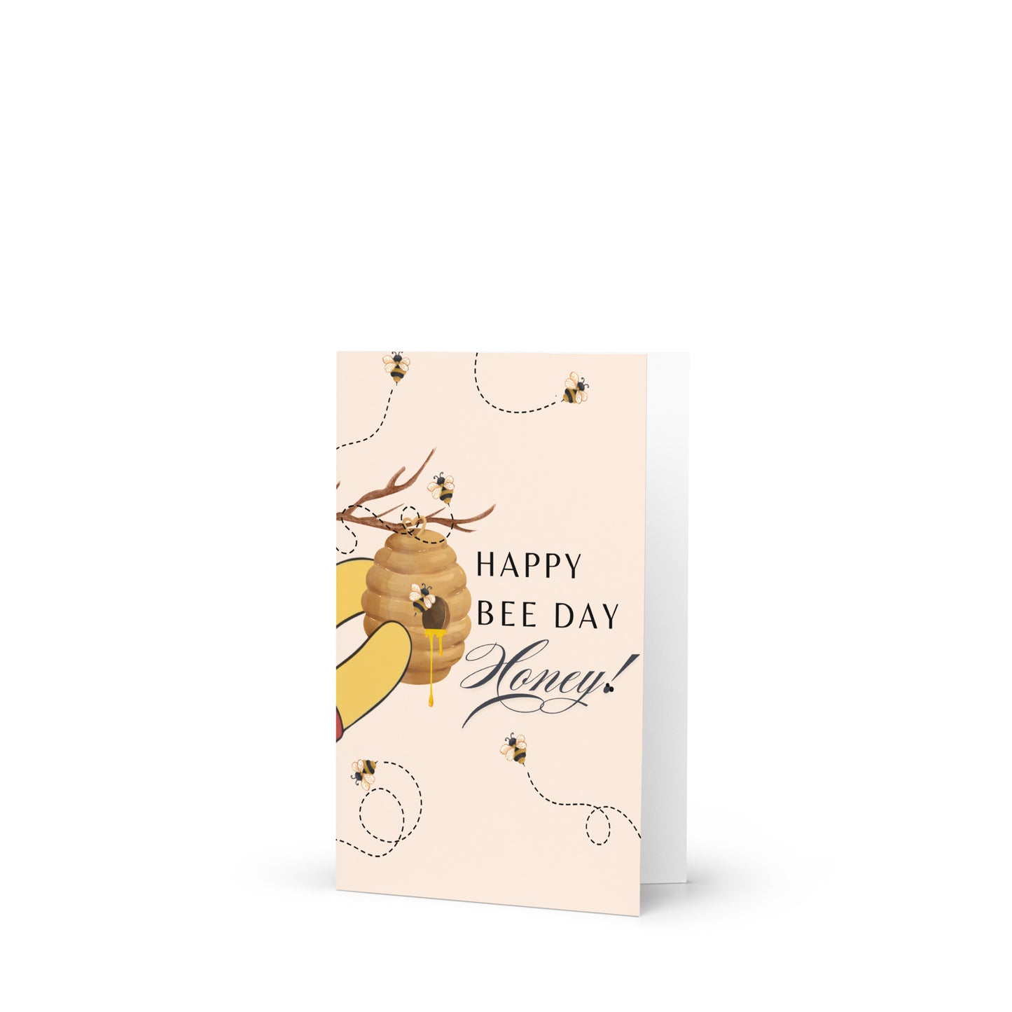 Greeting card with a bee and honeycomb design on a white background