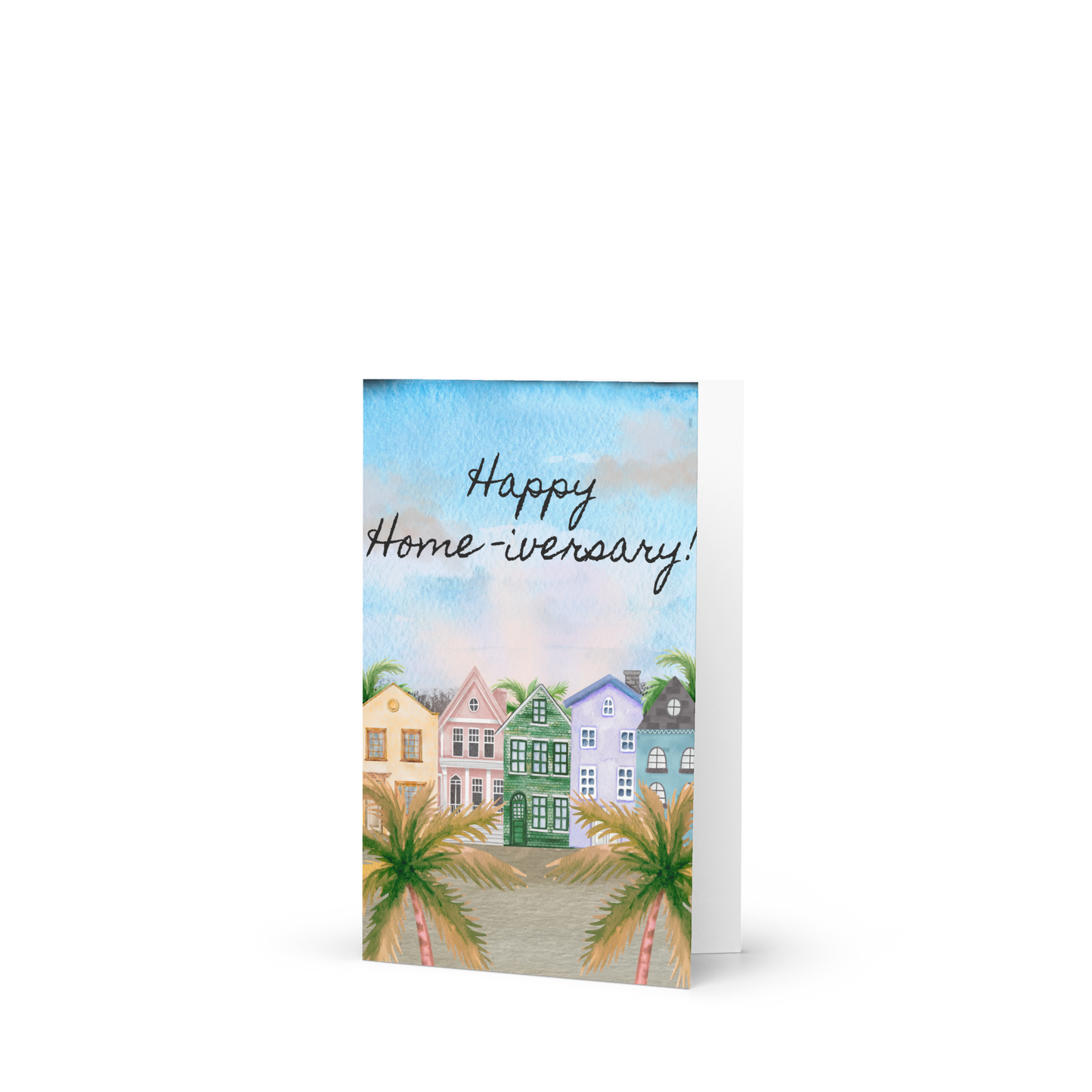 Greeting card with a beach scene and 'Happy Home-weary!' text on a white background