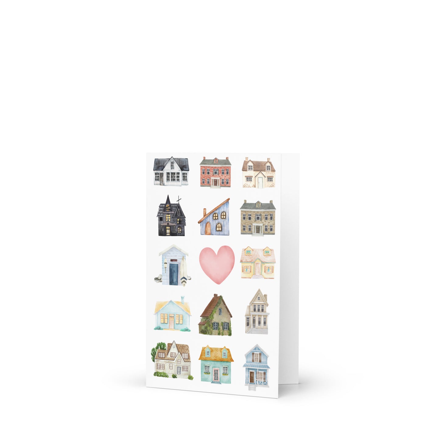 Greeting card with miniature house illustrations and a pink heart on a white background