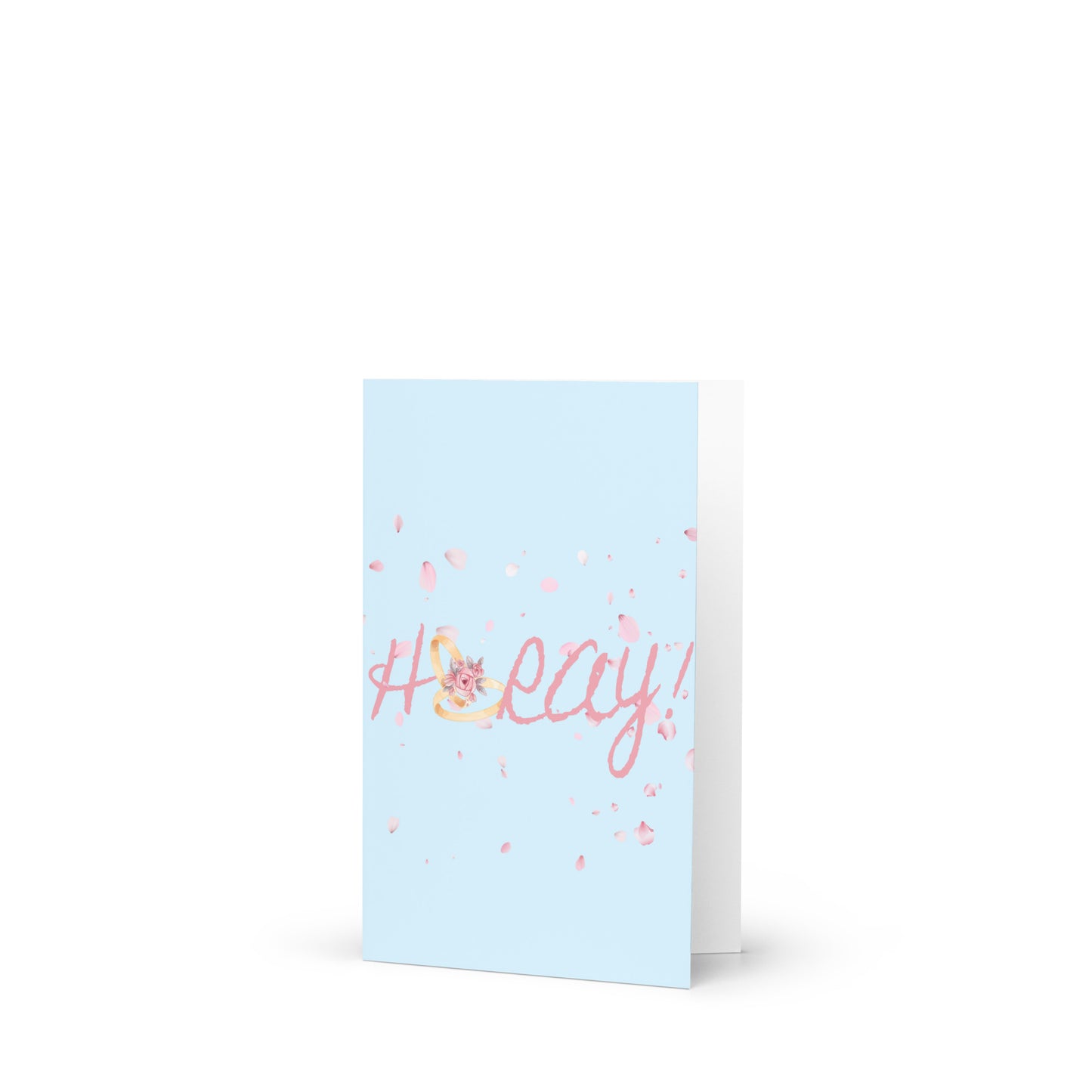 Light blue card with pink text and confetti on a white background