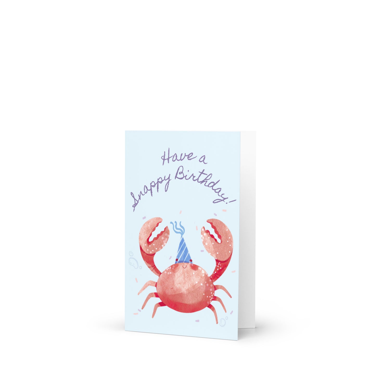 Birthday card with a crab wearing a birthday hat on a white background
