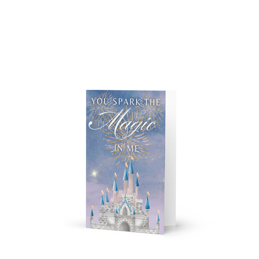 Greeting card with castle design and text on a white background