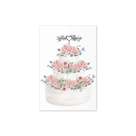 Decorative print of a three-tier wedding cake with floral decorations on a white background