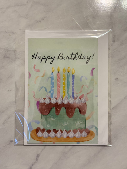 Birthday card with a cake illustration and 'Happy Birthday!' text on a marble surface.