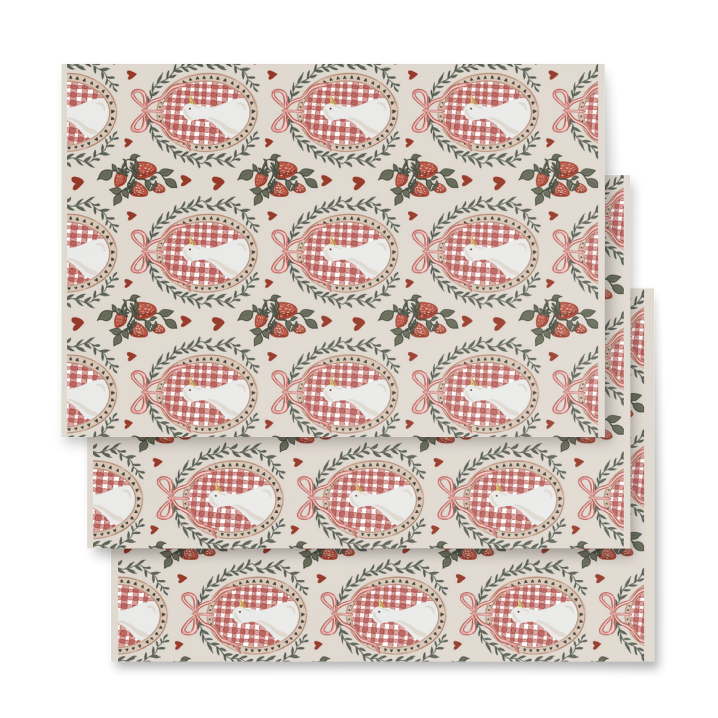 silly goose silhouette frame pattern wrapping paper with strawberries and hearts