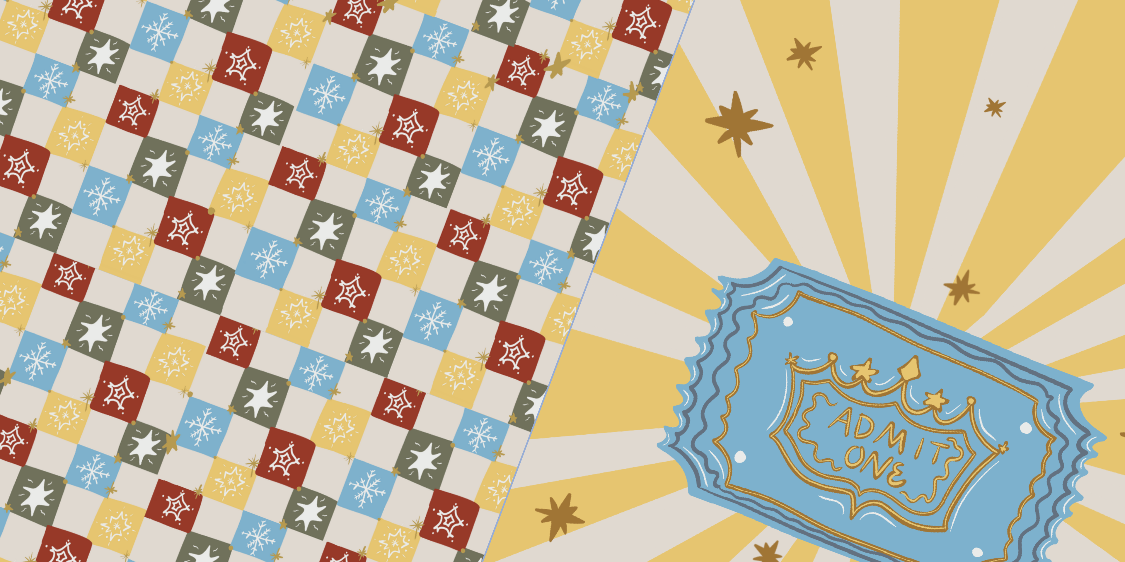 Colorful repeating pattern of checkered squares with stars and snowflake motifs alongside a whimsical blue “Admit One” ticket on a yellow starburst background.
