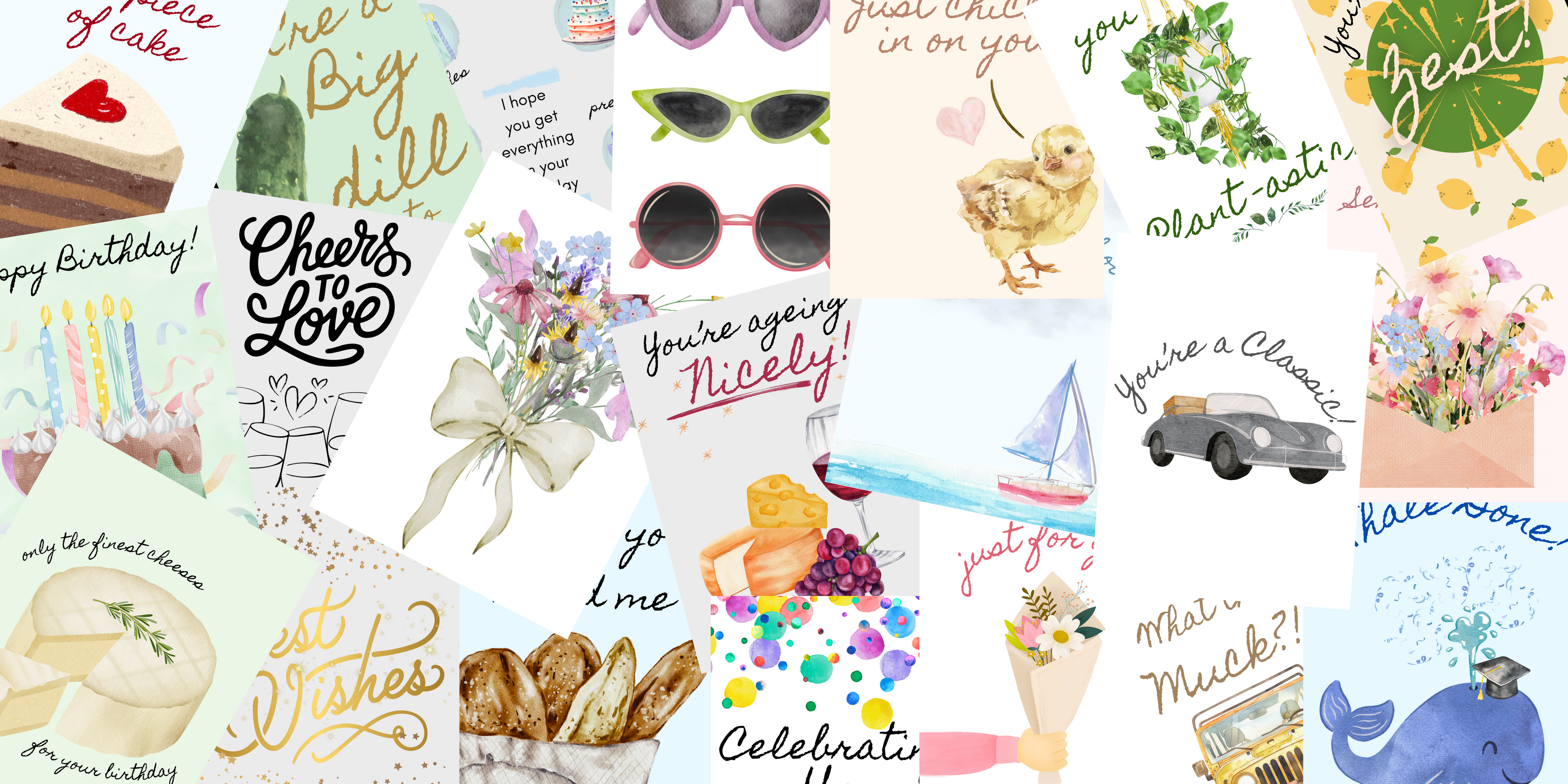 Collection of various greeting cards with different designs and text.