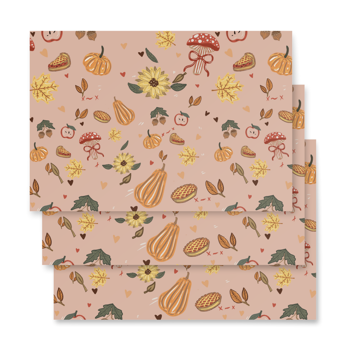 A flat-lay view of premium matte wrapping paper featuring a hand-drawn pattern of fall icons—including colorful autumn leaves, acorns, and seasonal motifs—on a white background by Wishbrush.