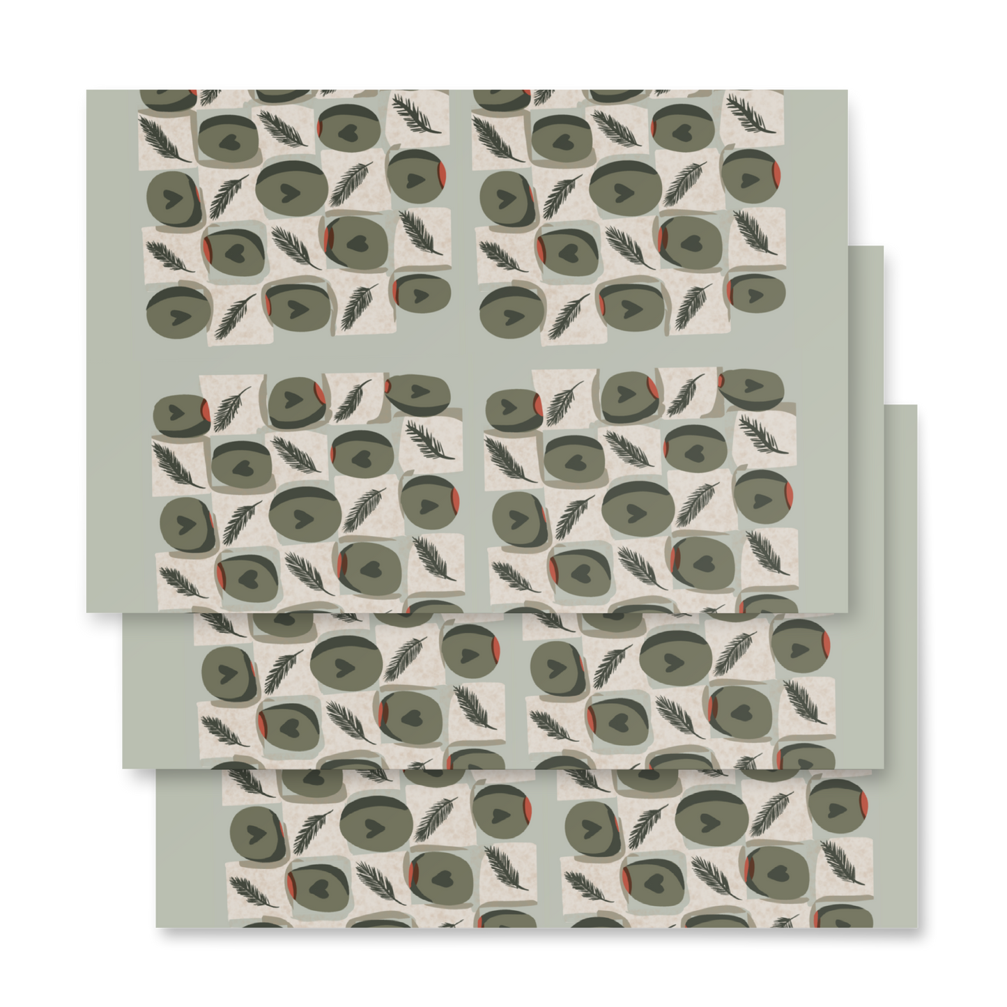 Three sheets of premium matte wrapping paper featuring a repeating pattern of green olives, and cheese blocks on a green background, designed by Wishbrush.