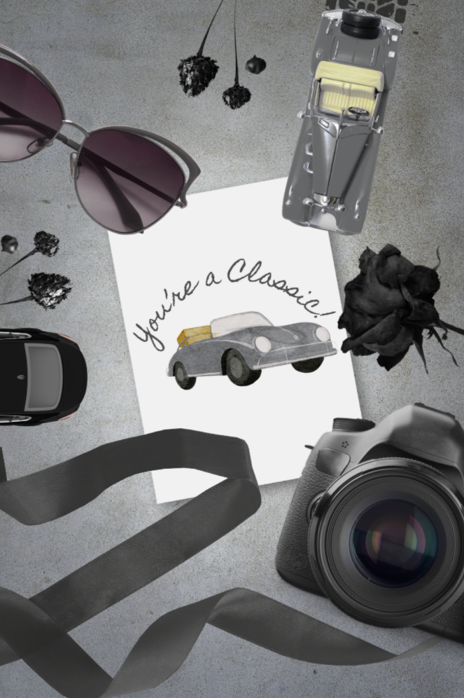 Camera, sunglasses, and vintage car illustration on a textured surface with flowers.