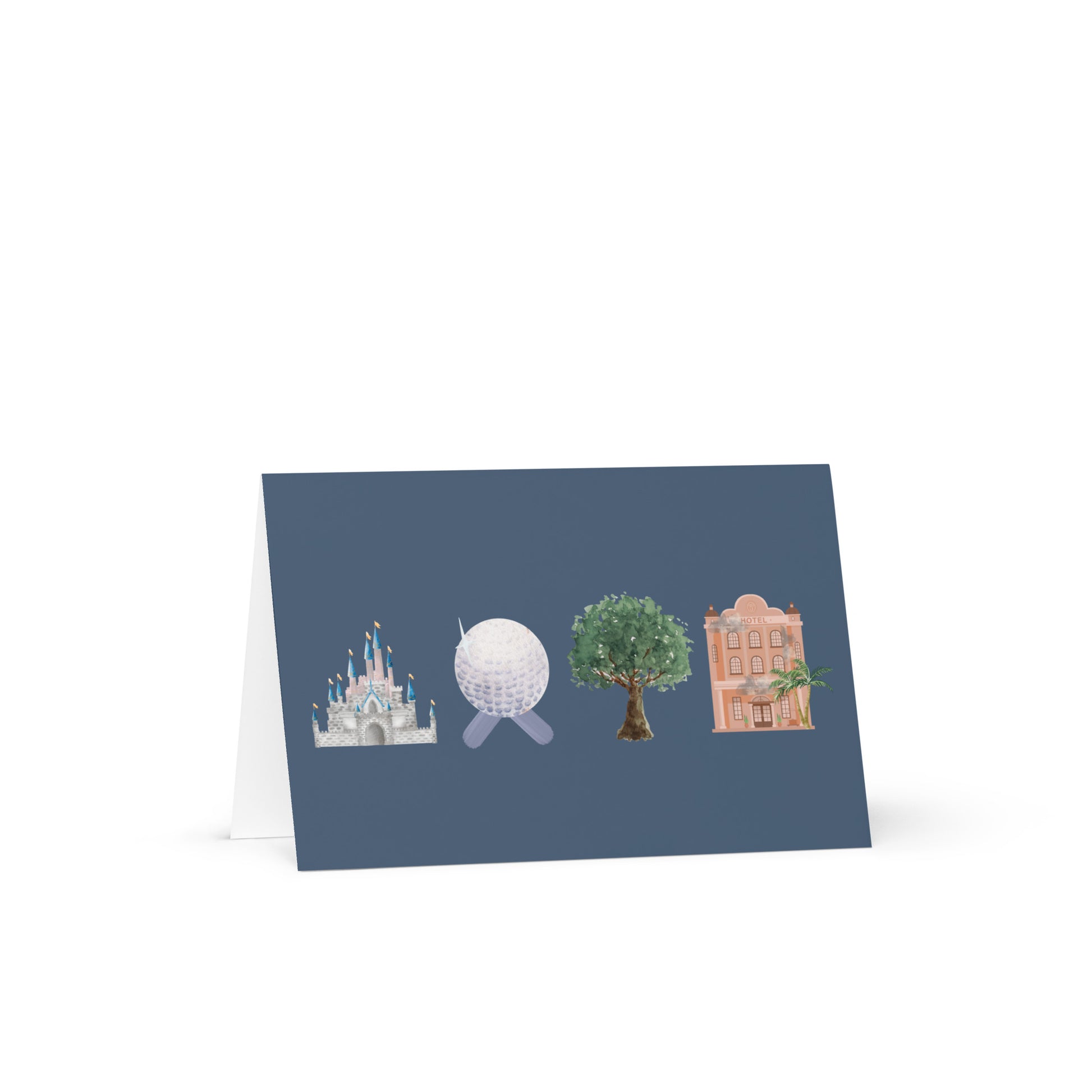 Greeting card with illustrations of a castle, golf ball, tree, and building on a blue background