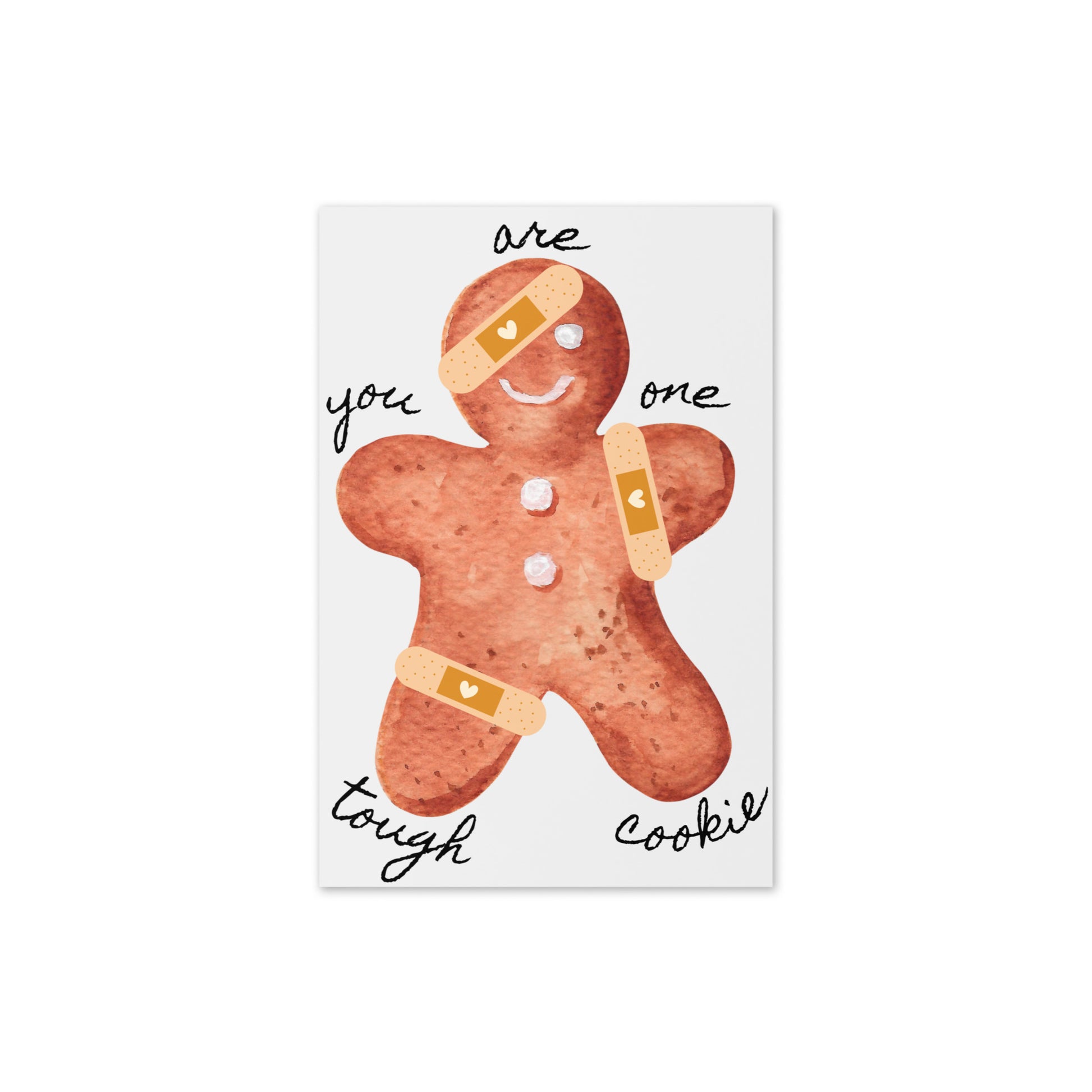 Gingerbread man with bandages and text on a white background