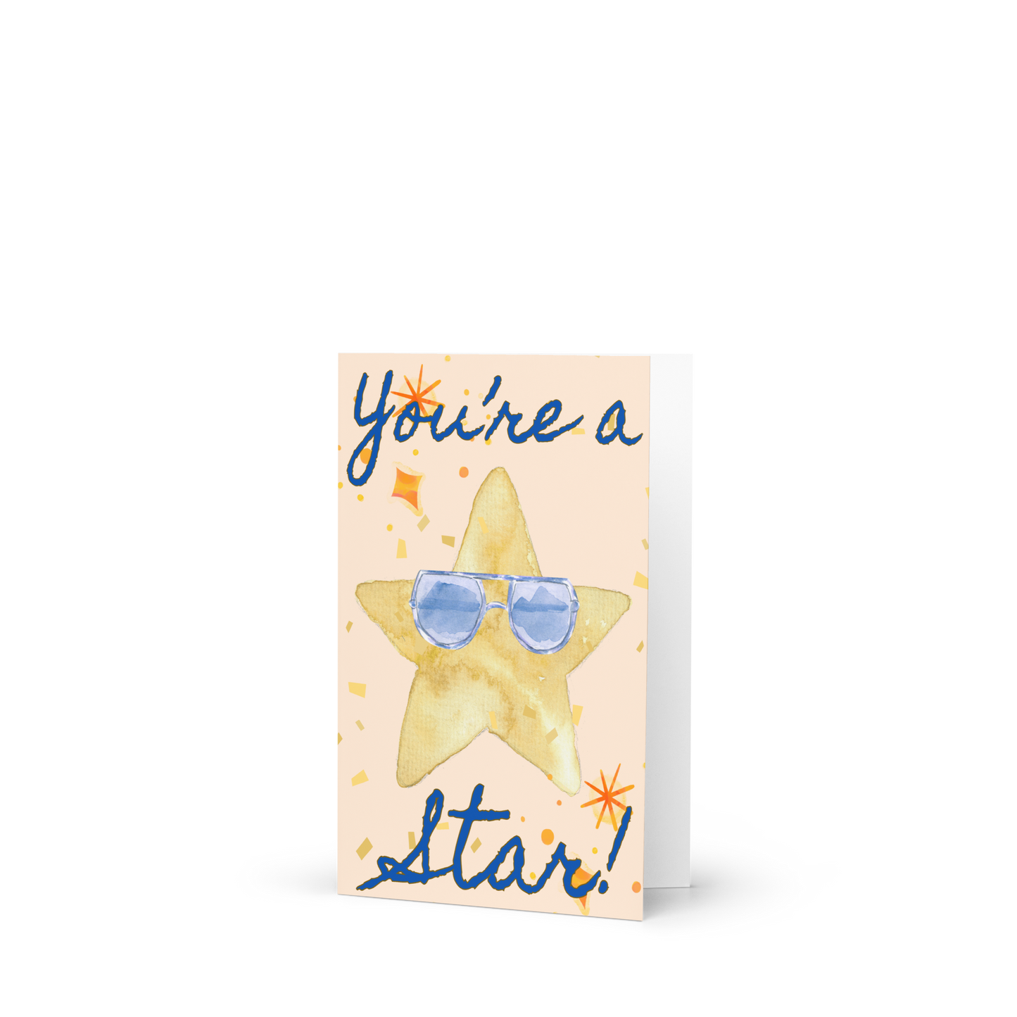 Greeting card with a star wearing sunglasses and text 'You're a star!' on a white background