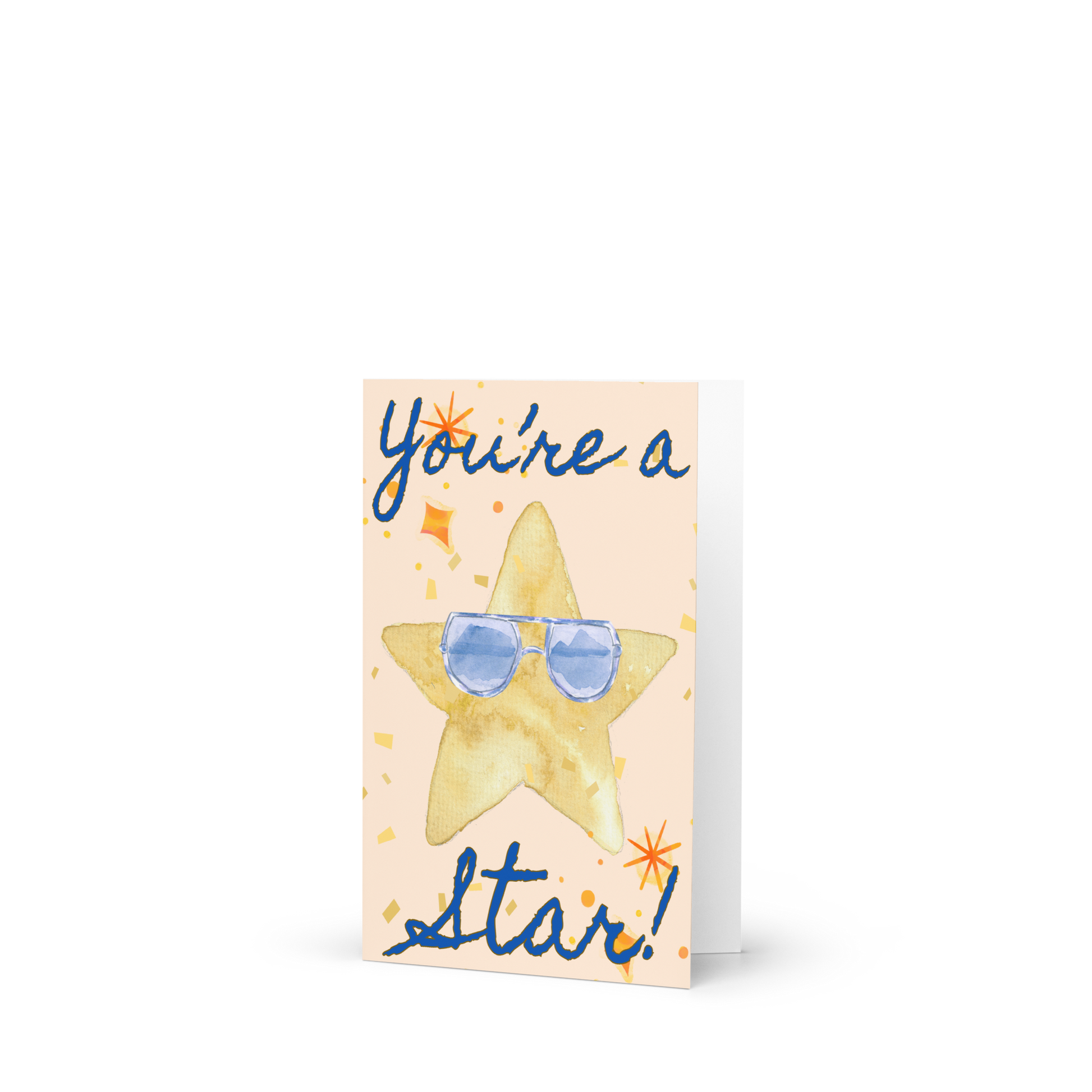Greeting card with a star wearing sunglasses and text 'You're a star!' on a white background