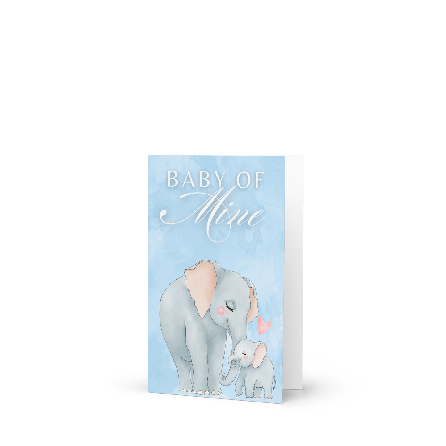 Greeting card with illustration of two elephants and 'Baby of Mine' text on a light blue background