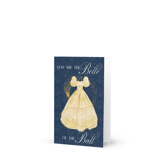Greeting card with a vintage dress illustration and text on a white background