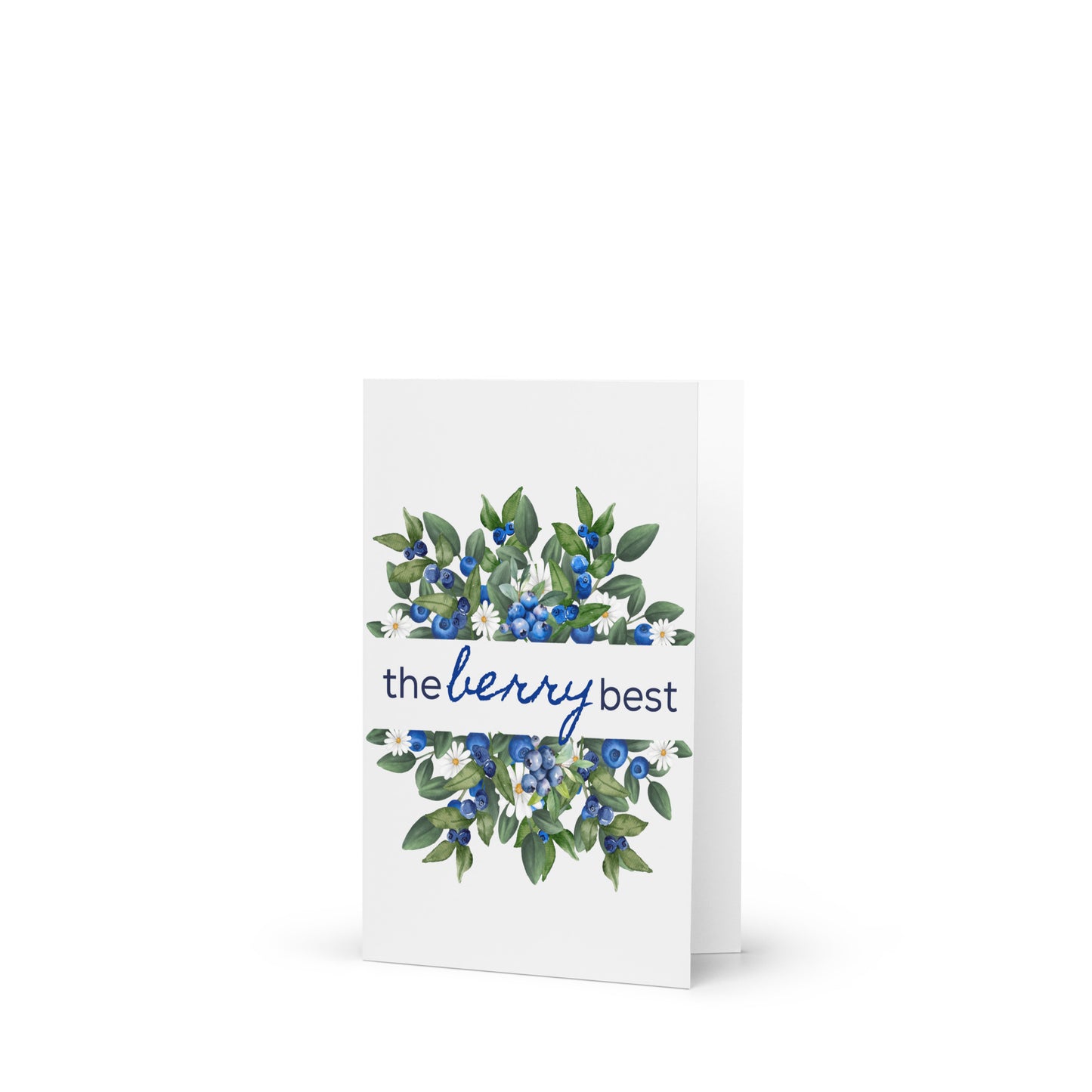 Greeting card with blueberries and green leaves design on a white background