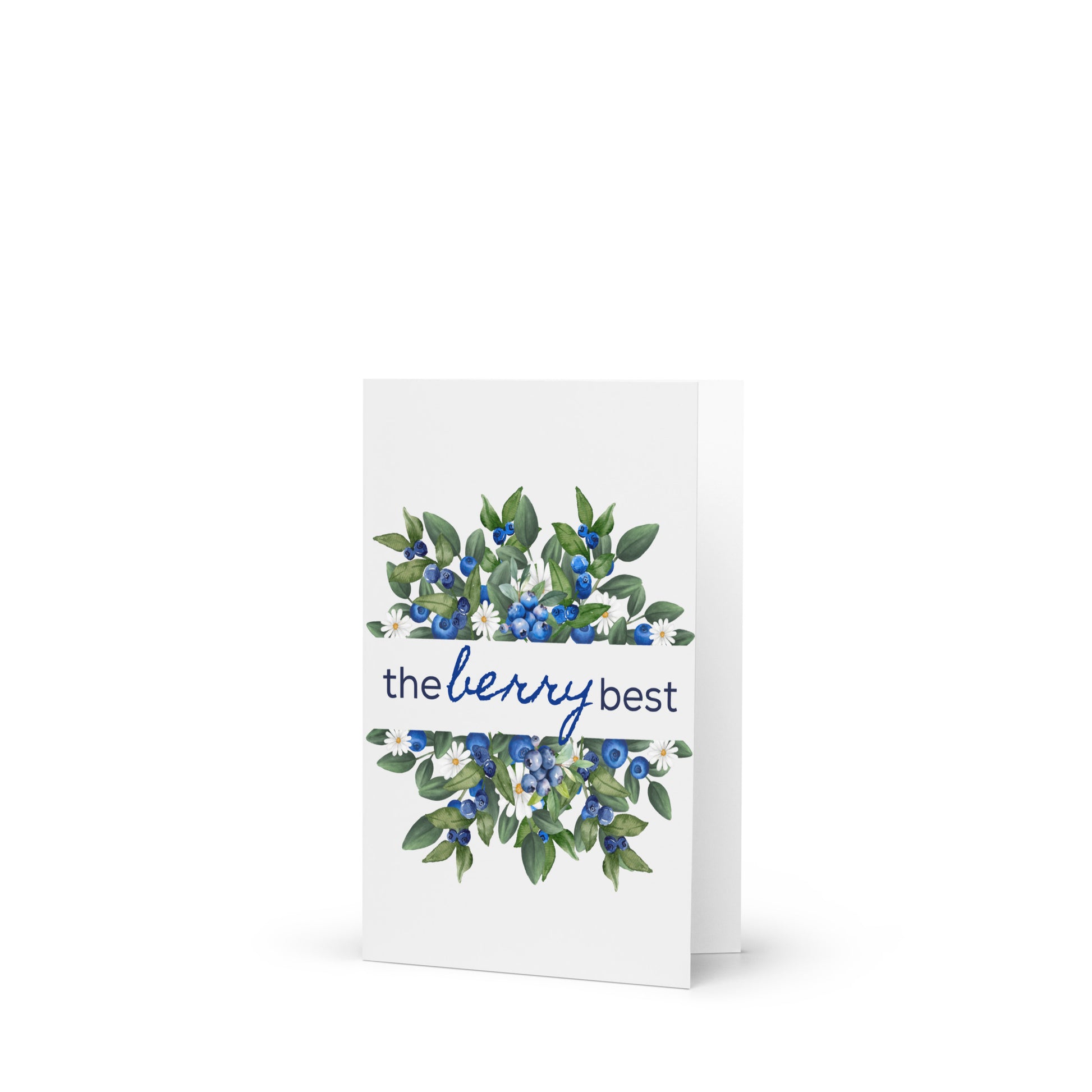 Greeting card with blueberries and green leaves design on a white background