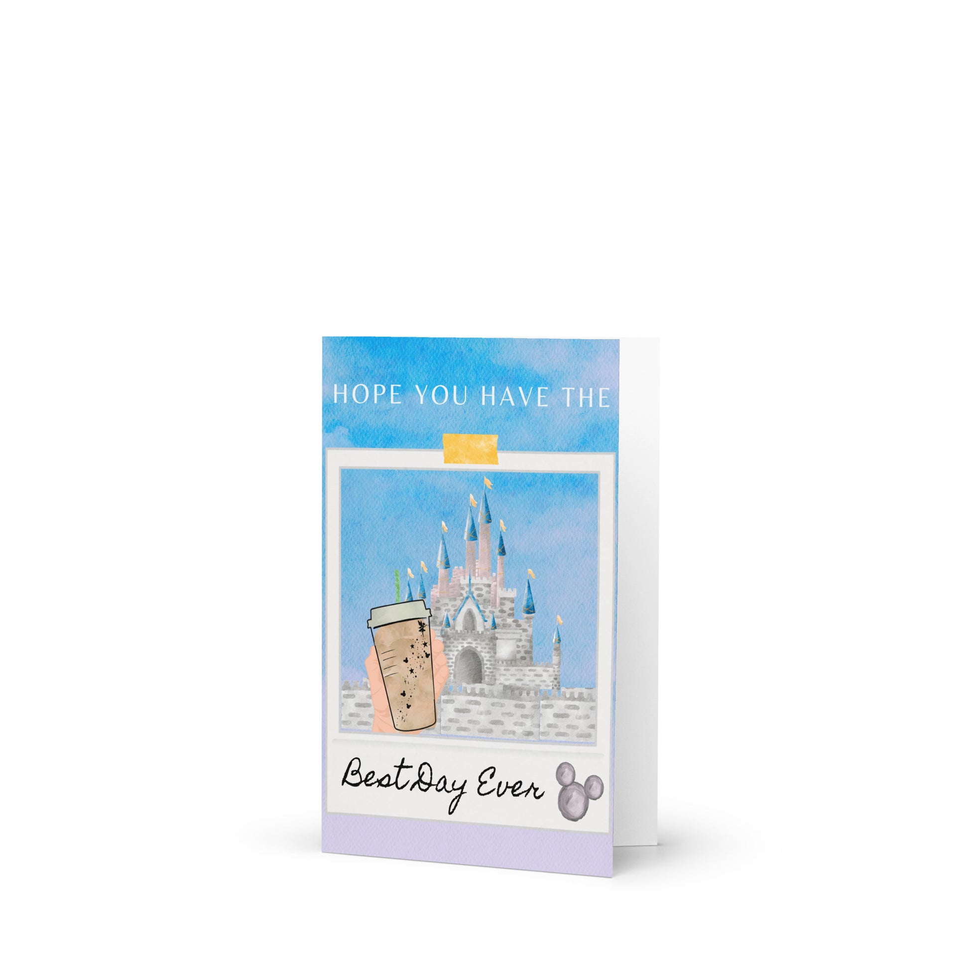 Greeting card with castle illustration and text on a white background