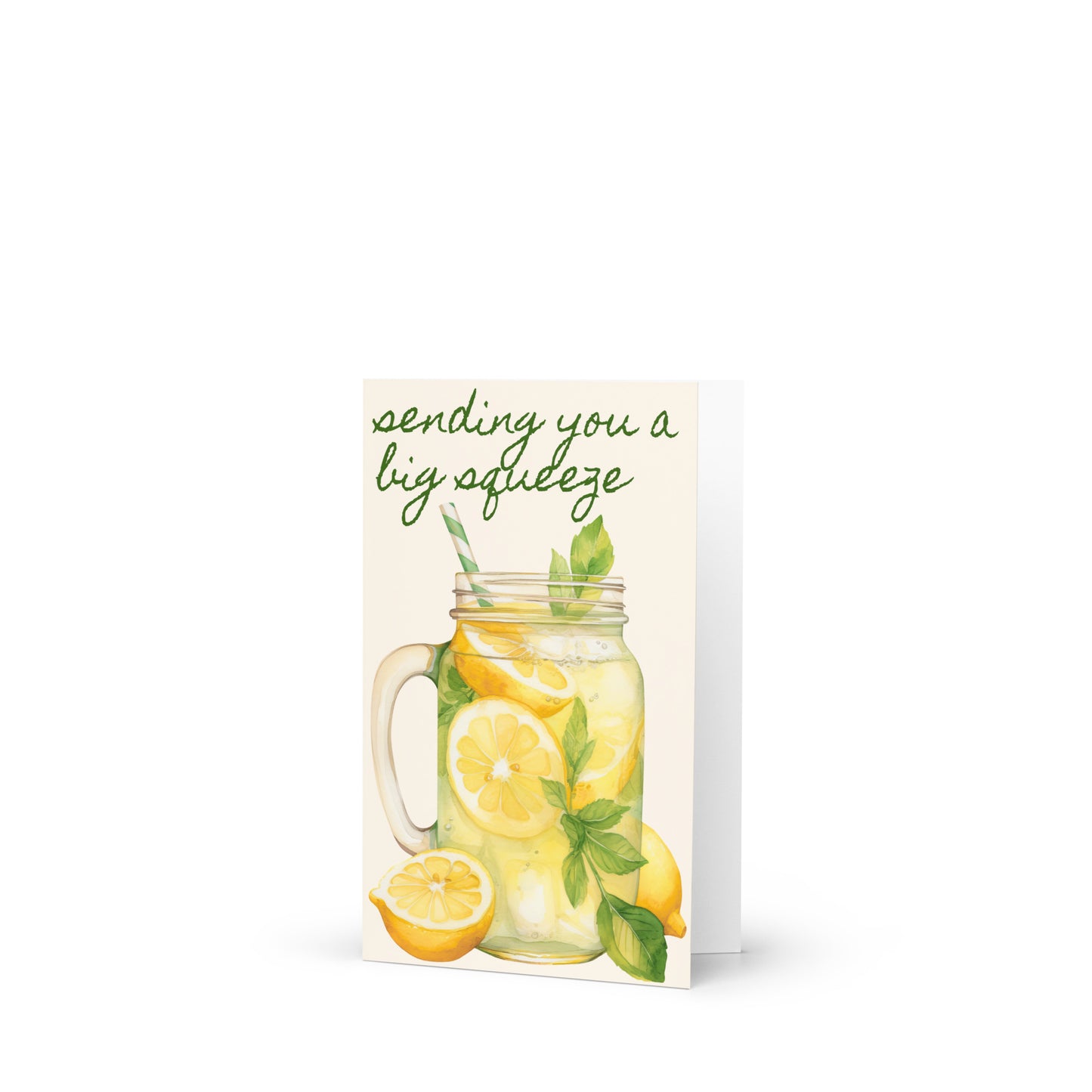 Card with a mason jar of lemons and text 'sending you a big squeeze' on a white background