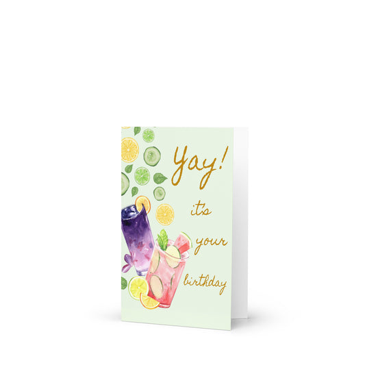 Greeting card with colorful drinks and 'Yay! It's your birthday' text on a white background