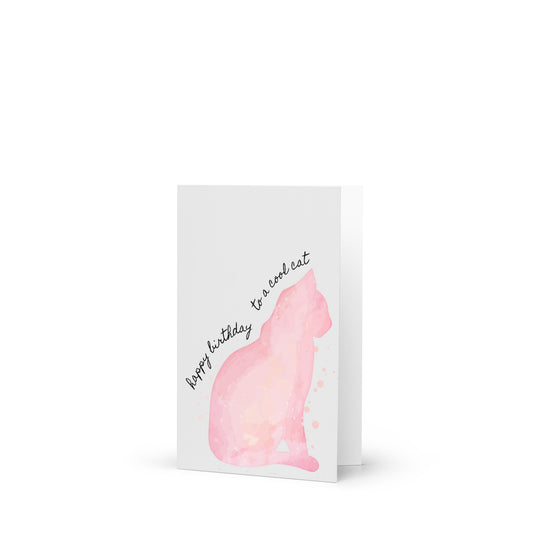 Greeting card with pink cat illustration and text on a white background