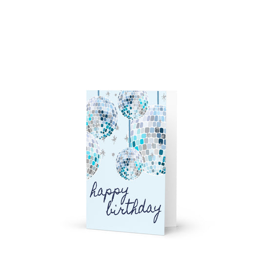 Greeting card with mosaic disco balls design and 'happy birthday' text on a white background