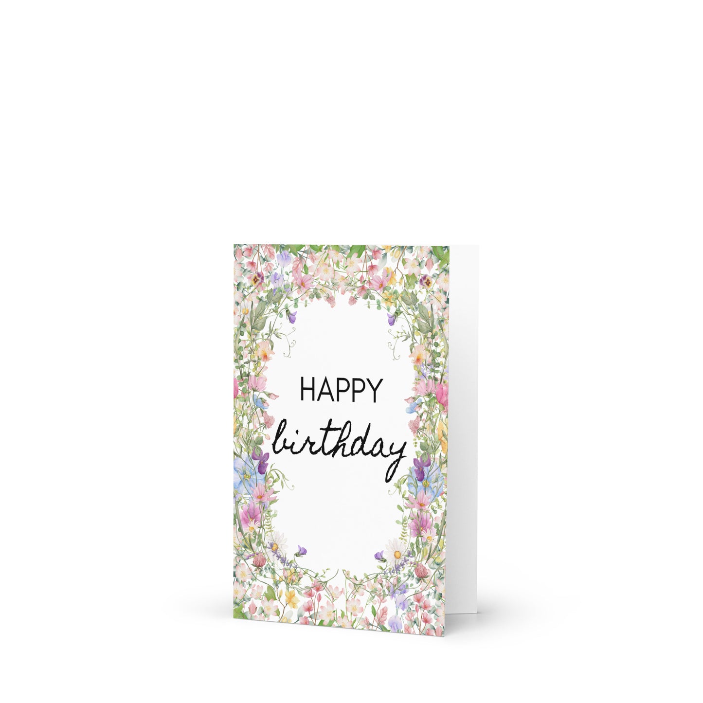 Greeting card with floral border and 'Happy Birthday' text on a white background