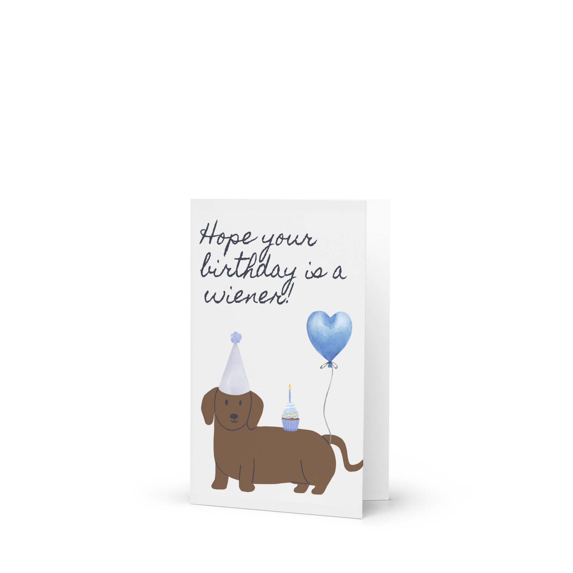 Birthday card with a dachshund, party hat, and blue balloon on a white background