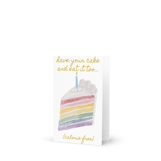 Greeting card with rainbow cake design and text on a white background