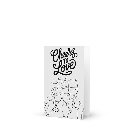 Greeting card with 'Cheers to Love' text and champagne glass illustrations on a white background