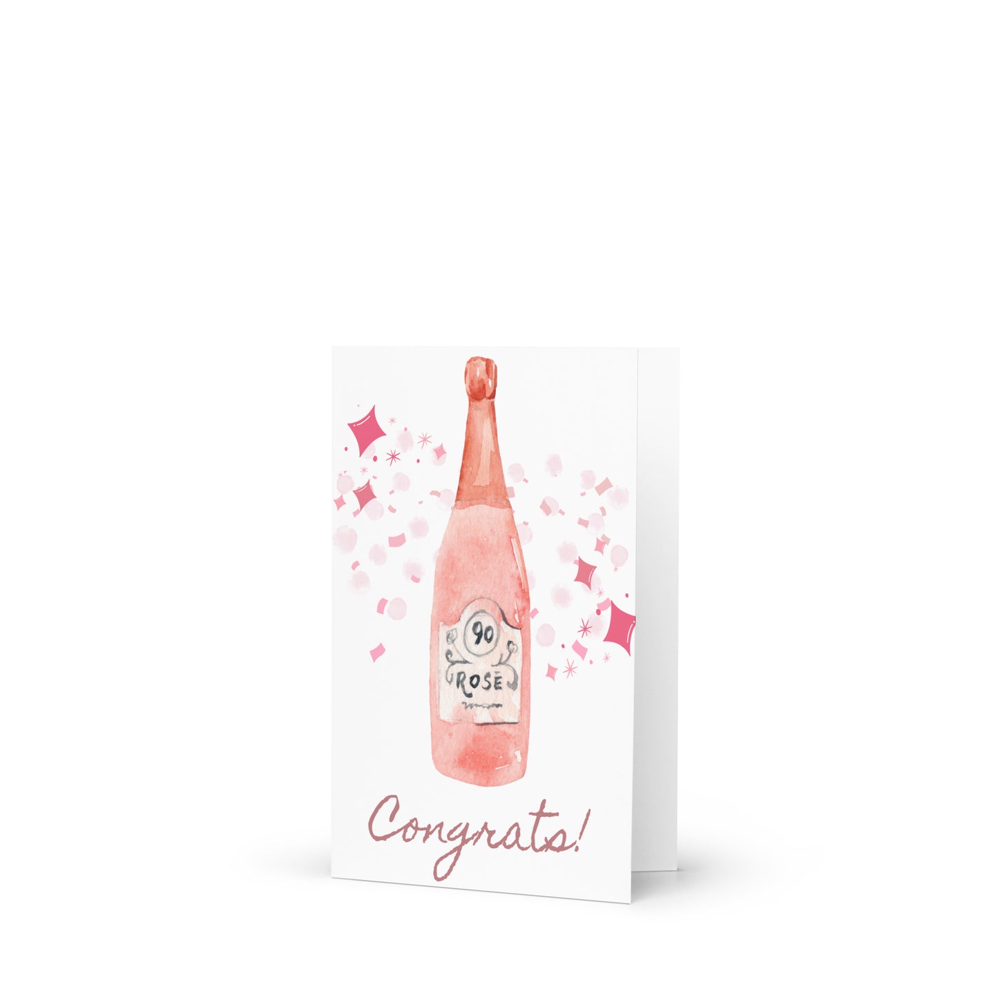 Greeting card with a pink champagne bottle and 'Congrats!' text on a white background
