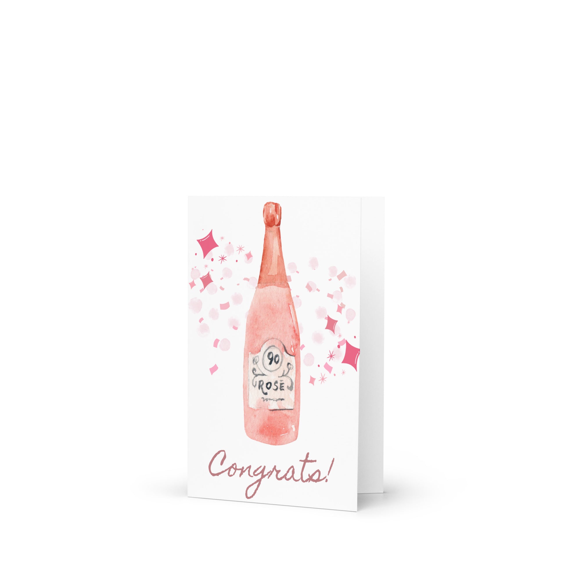 Greeting card with a pink champagne bottle and 'Congrats!' text on a white background
