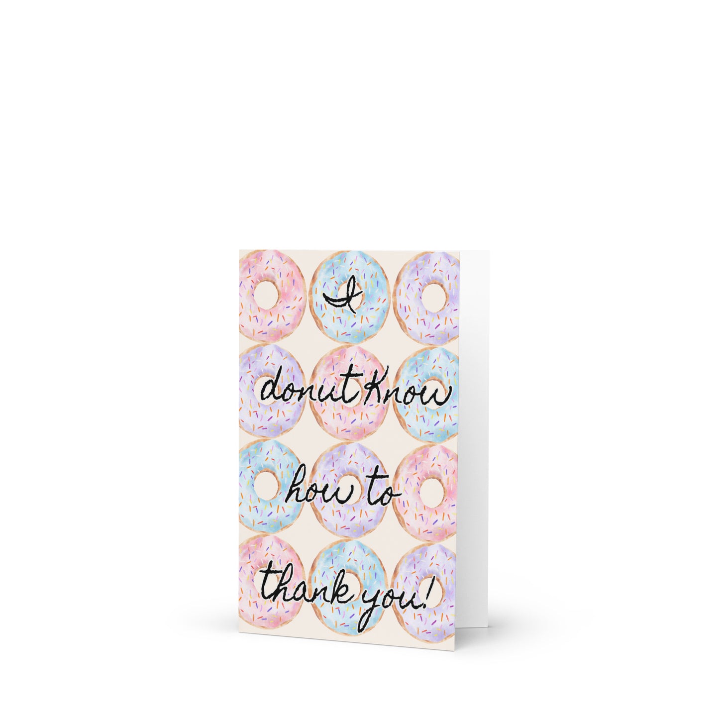 Greeting card with colorful donut illustrations and text on a white background