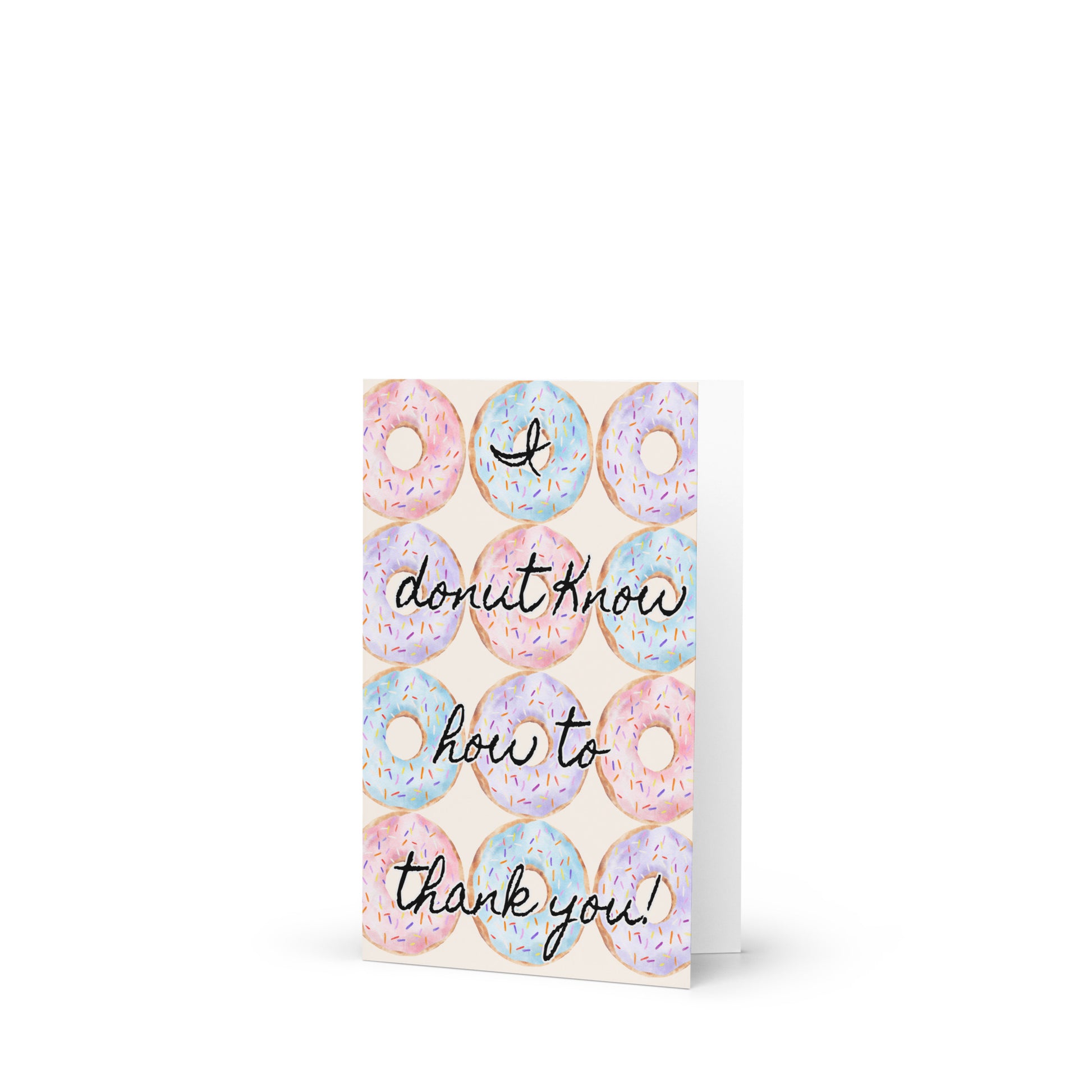 Greeting card with colorful donut illustrations and text on a white background