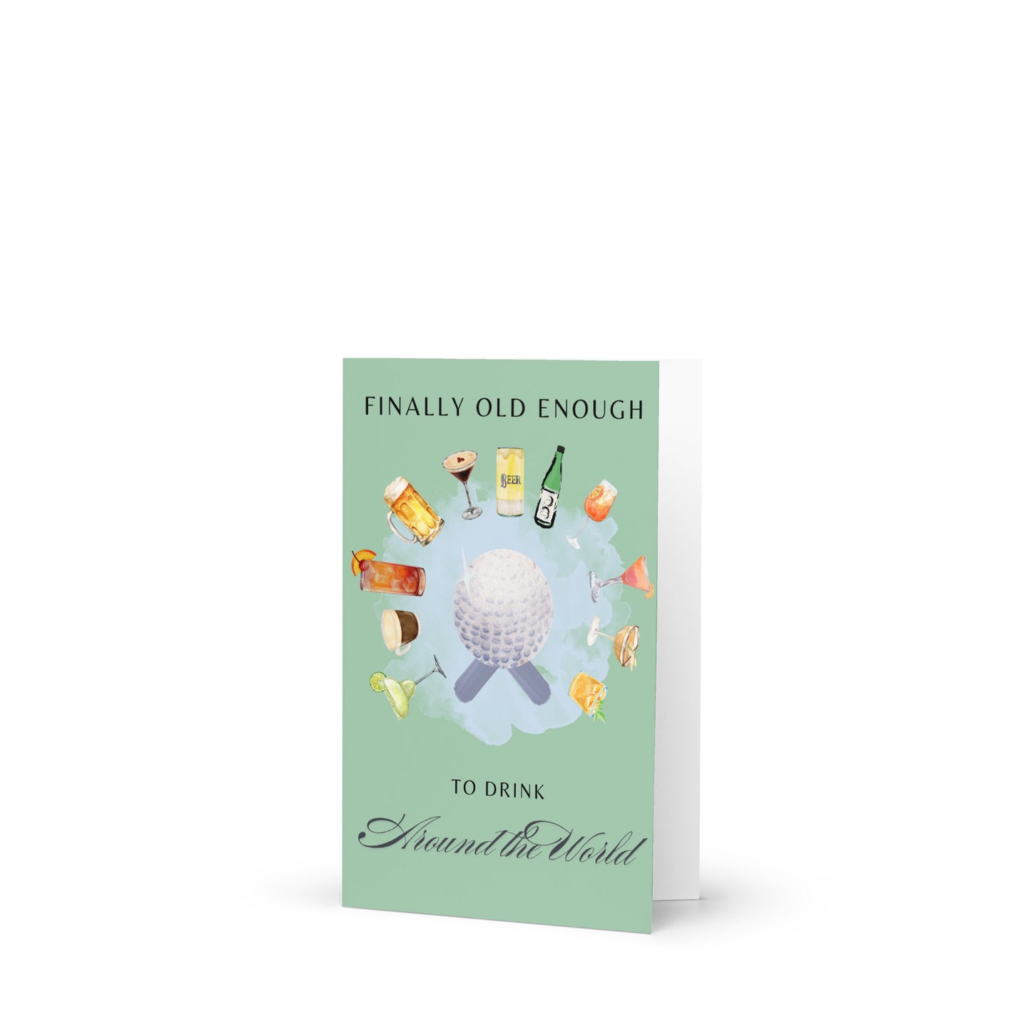 Greeting card with alcohol-themed design and text on a white background
