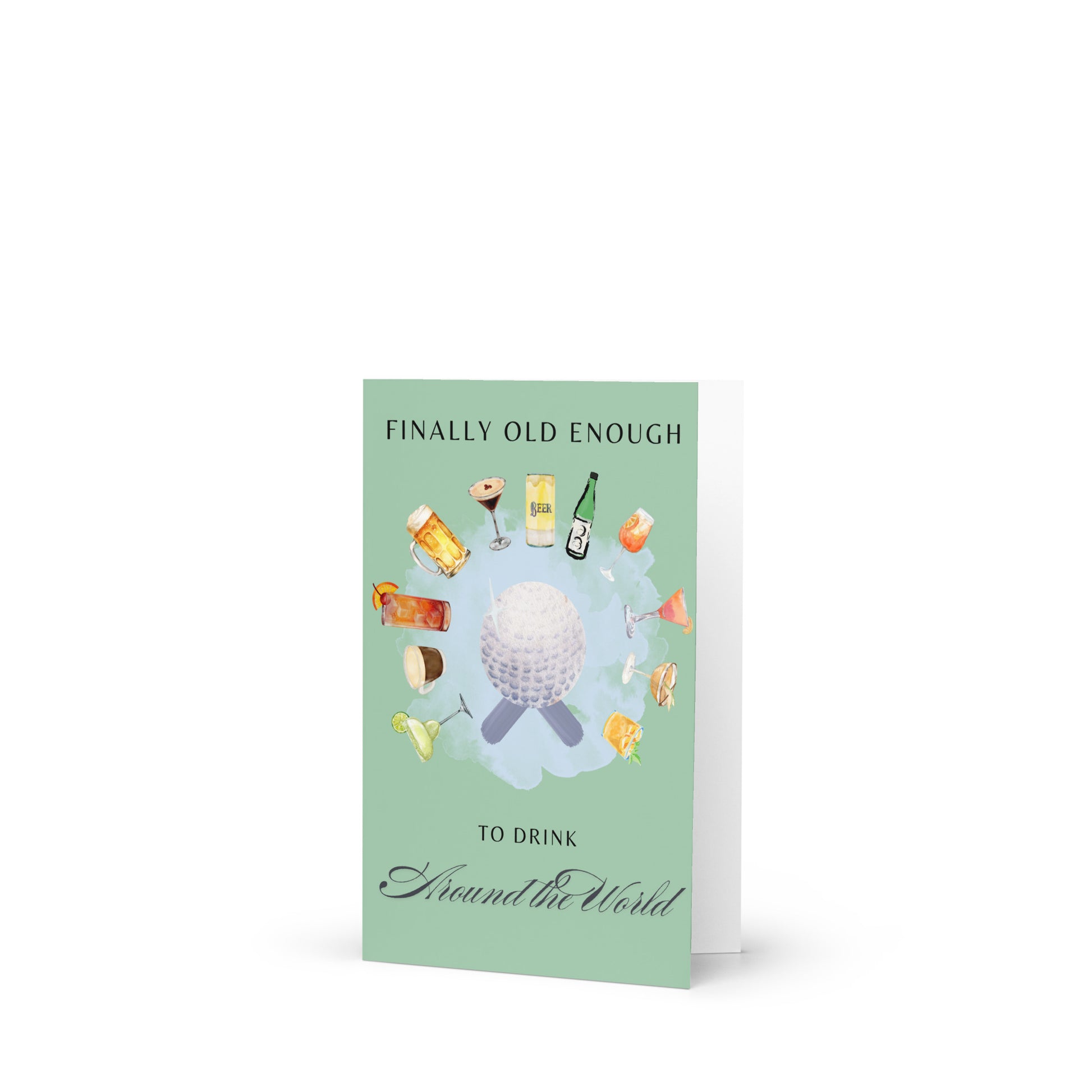 Greeting card with alcohol-themed design and text on a white background