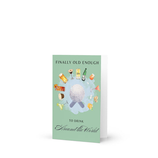 Greeting card with alcohol-themed design and text on a white background