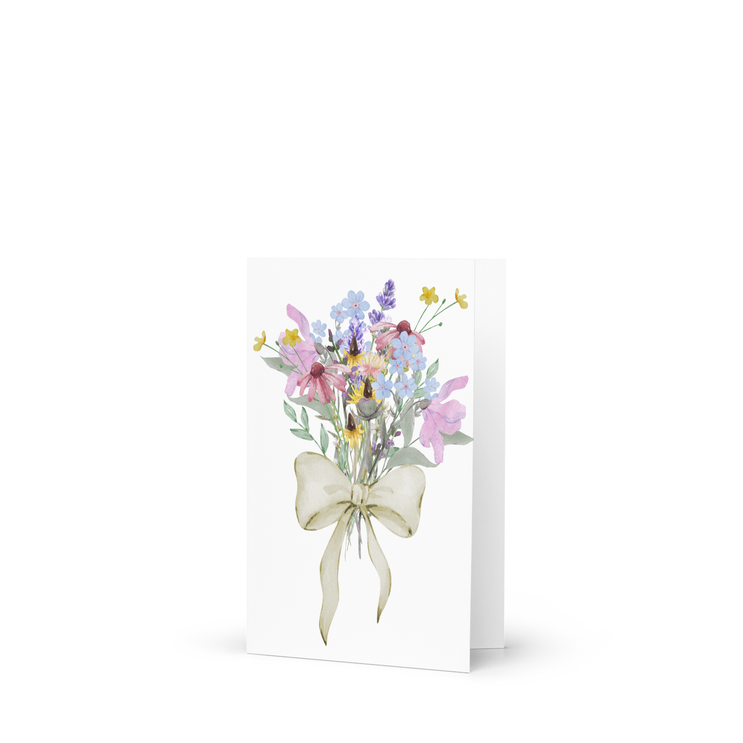 Greeting card with a bouquet of flowers and a bow on a white background