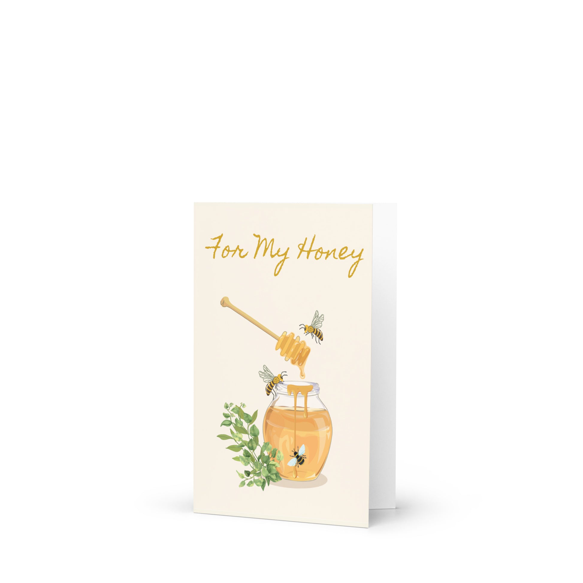 Greeting card with honey jar and honeycomb illustration on a white background