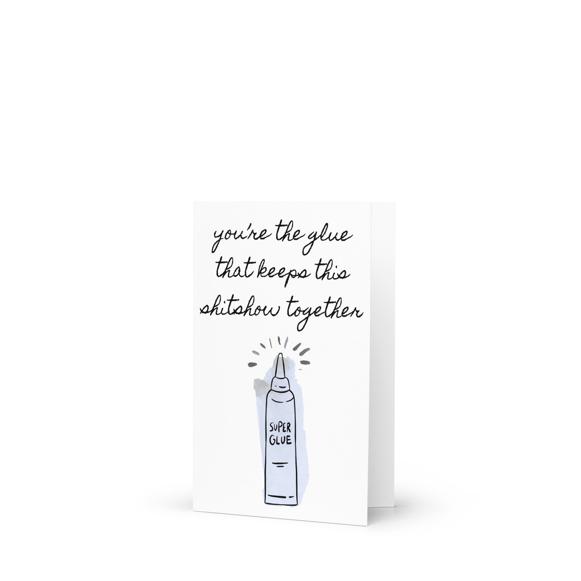 Card with a super glue illustration and text on a white background