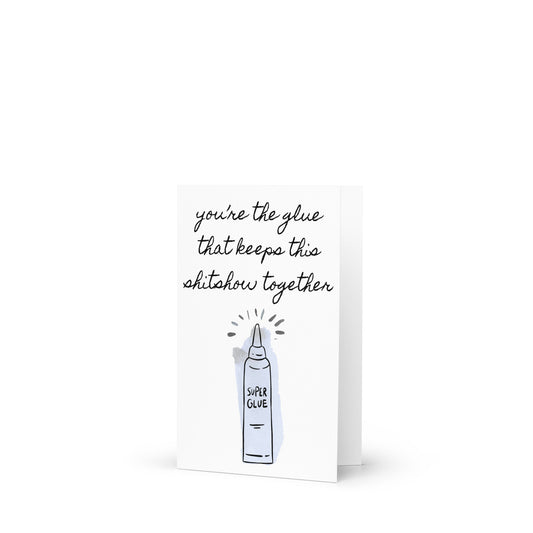 Card with a super glue illustration and text on a white background