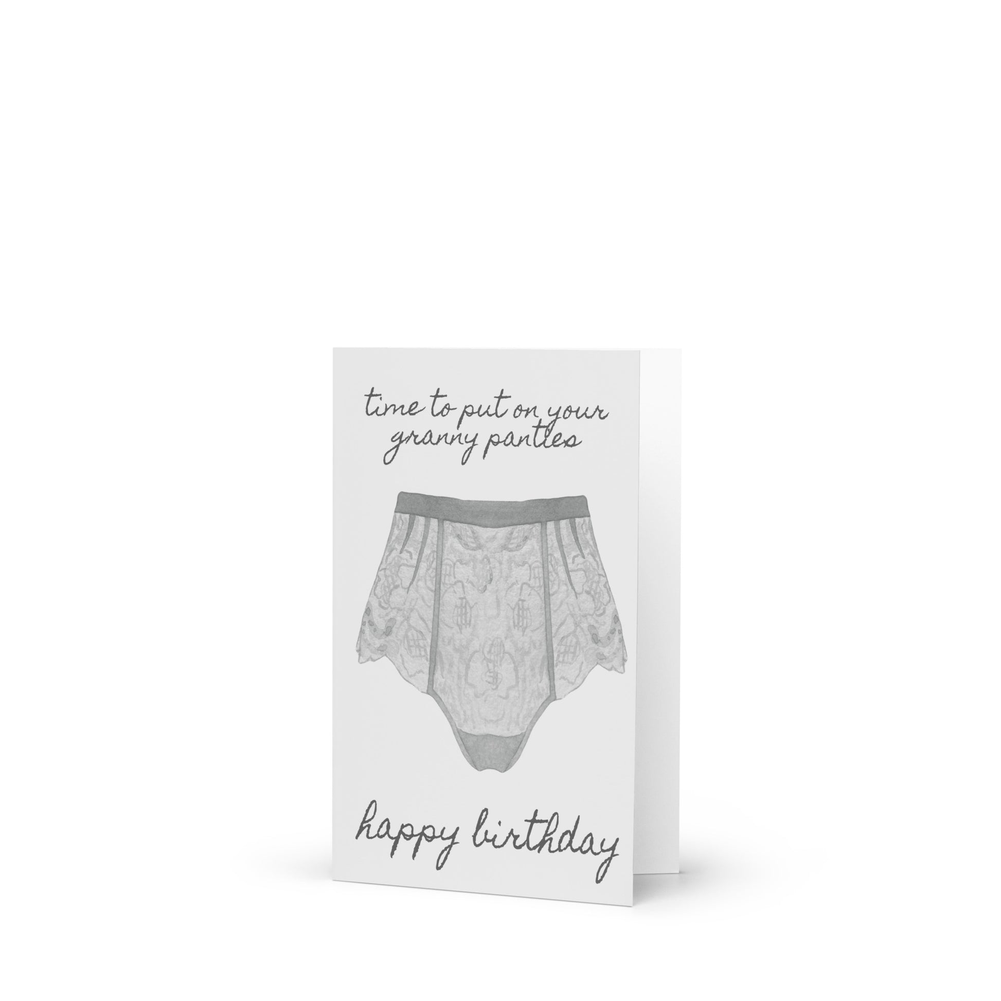 Greeting card with underwear illustration and humorous text on a white background