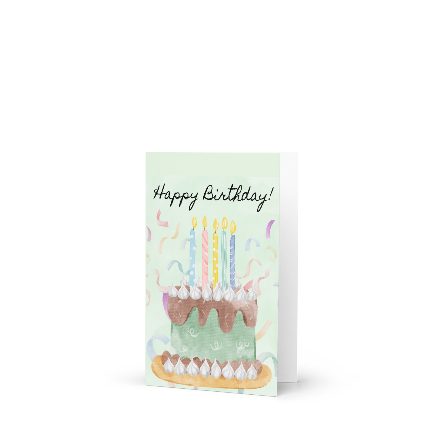 Greeting card with a birthday cake illustration and 'Happy Birthday!' text on a light green background.