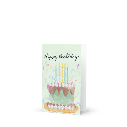 Greeting card with a birthday cake illustration and 'Happy Birthday!' text on a light green background.