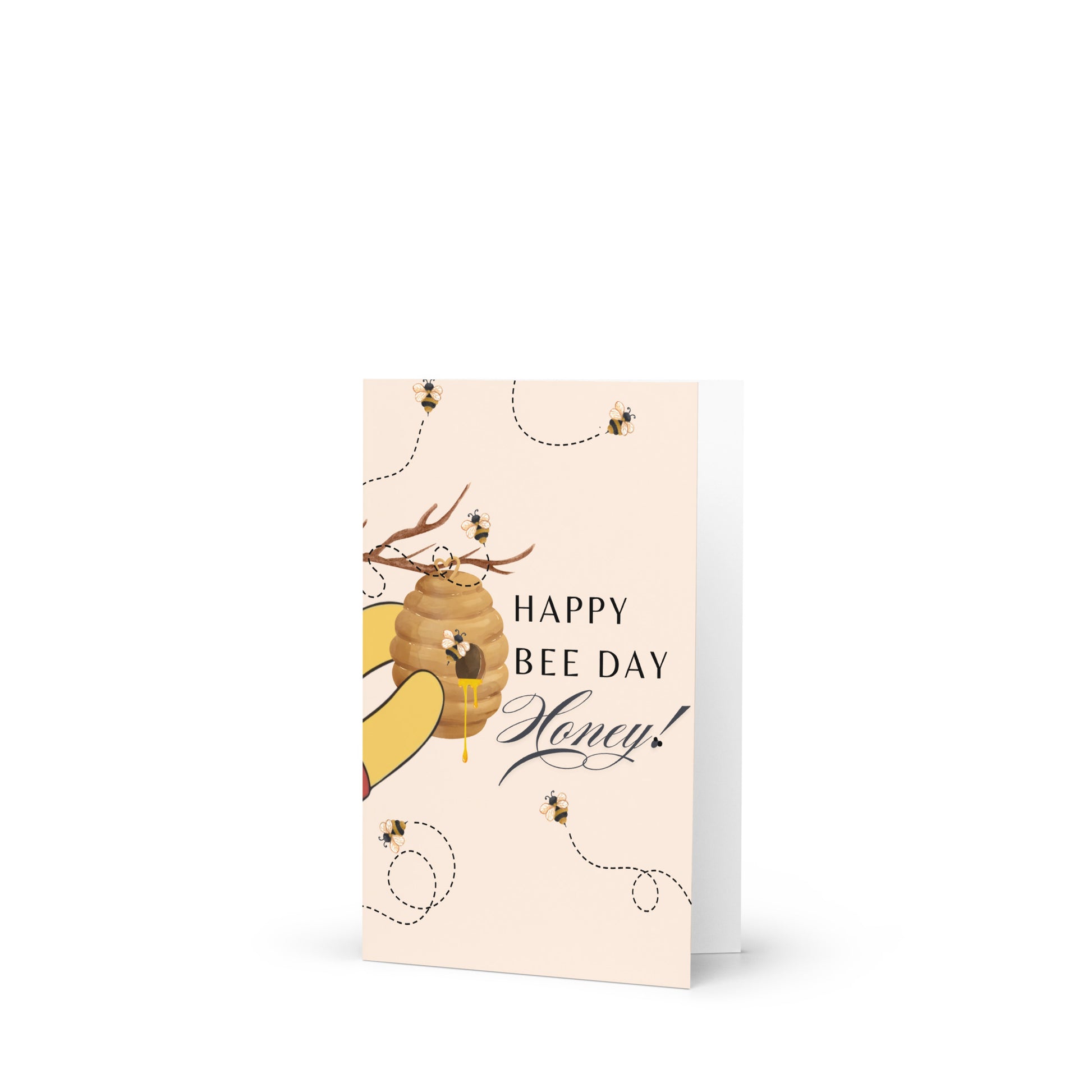 Greeting card with a bee and honeycomb design on a white background